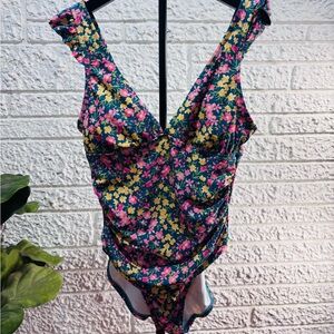 Kona Sol Floral One-Piece Swimsuit Size M | Ruffle Strap V-Neck
